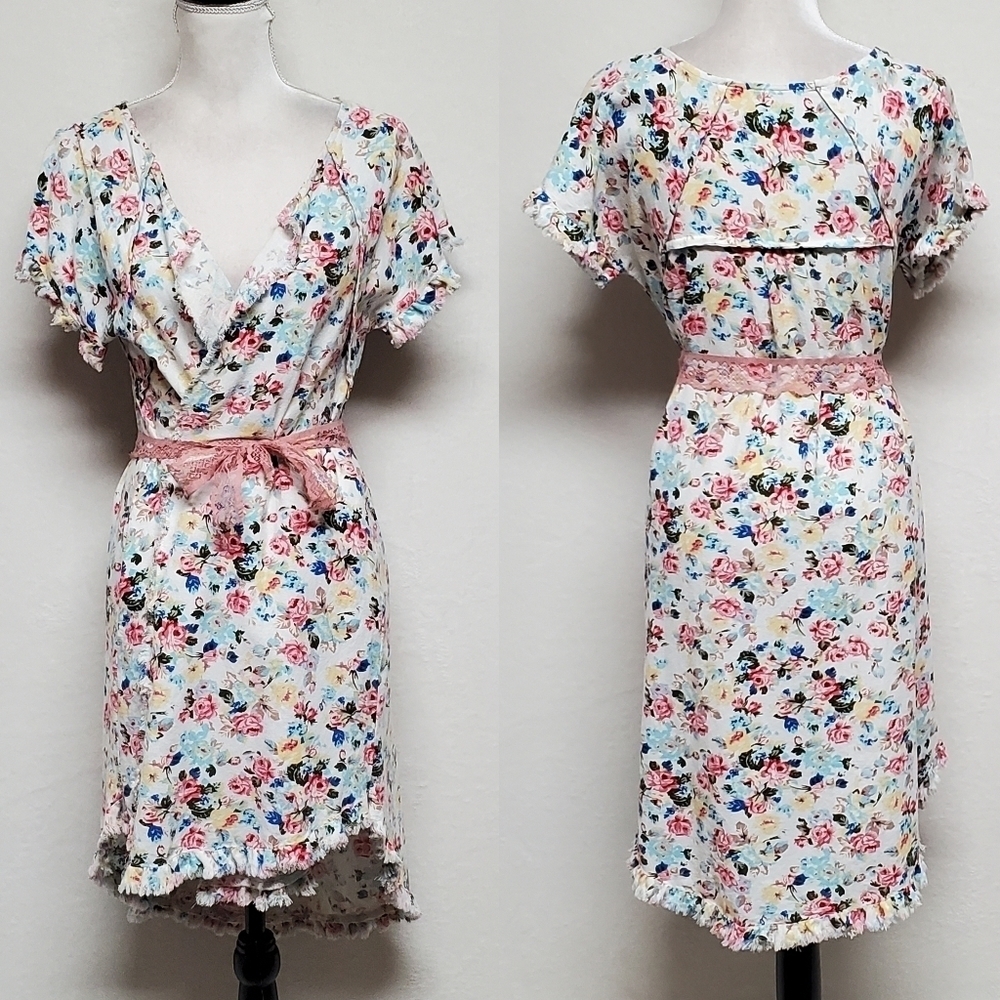 UMGEE USA Cotton Linen Floral Raw Cut Short Sleeve Tie-Waist Hi-low Kimono S